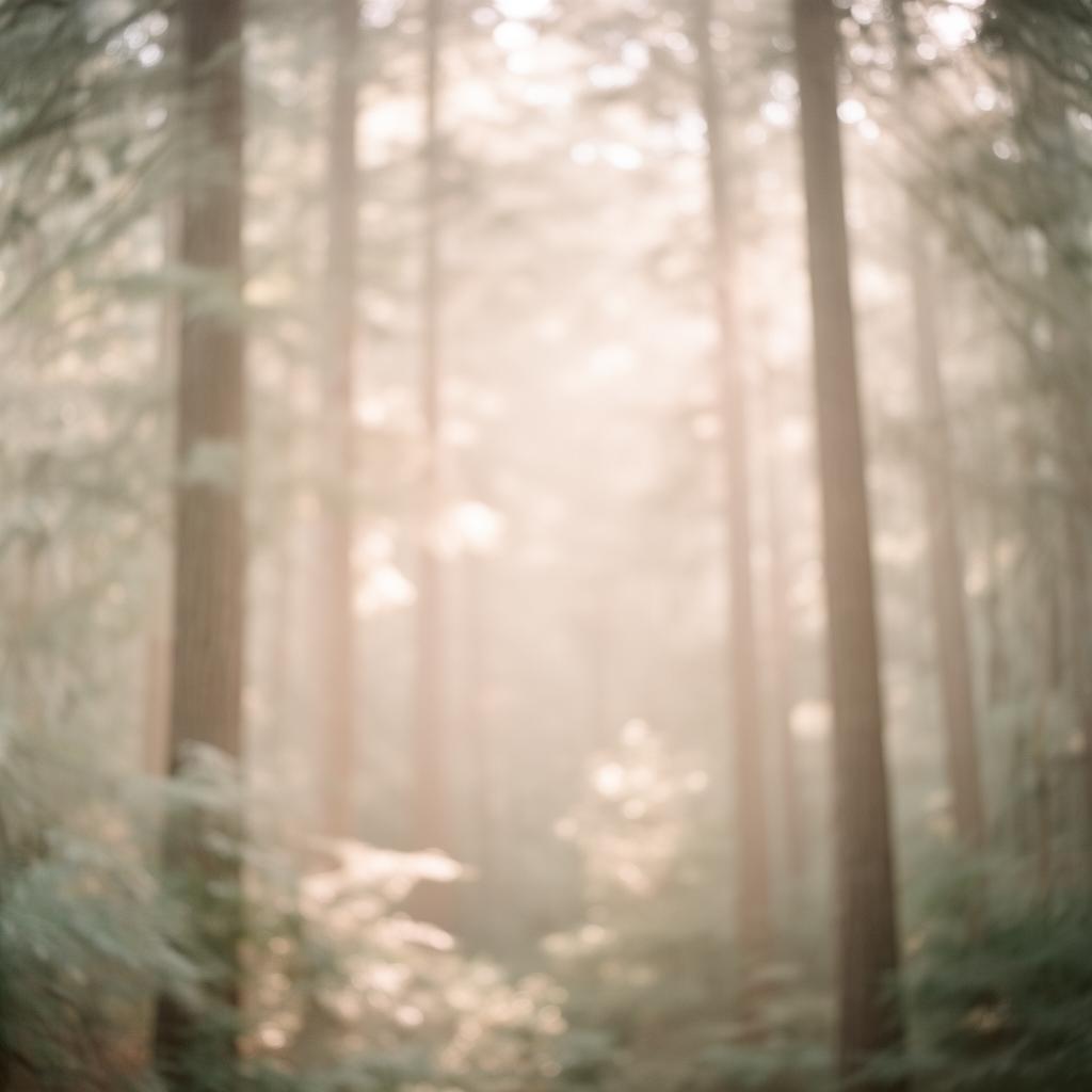 Soft dappled morning light filtering through tall forest trees